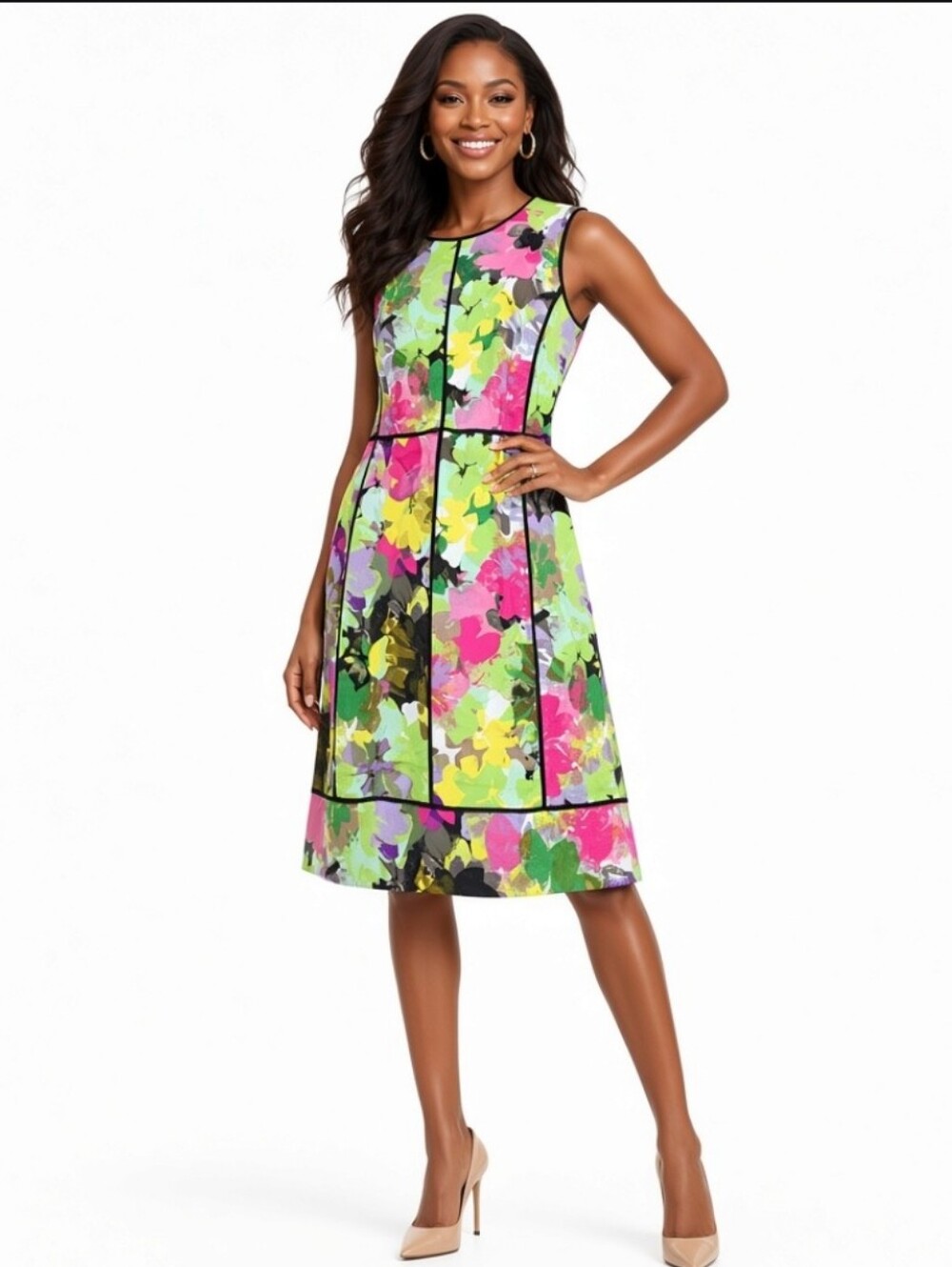 Calvin Klein Floral Cotton Dress in Green & Pink Size 12 Like New